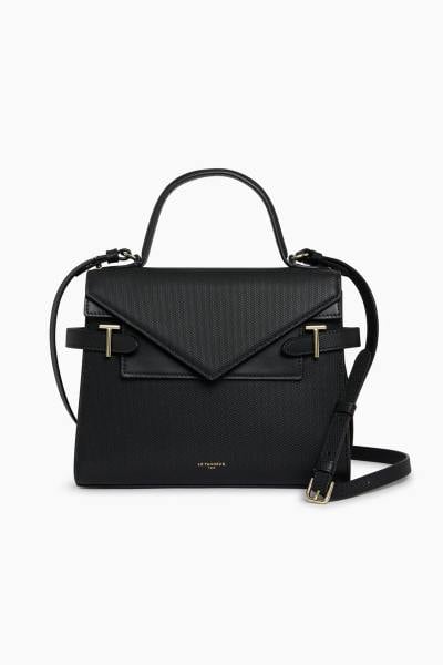 Emilie-Handtasche mit doppelter Klappe aus schwarzem Leder