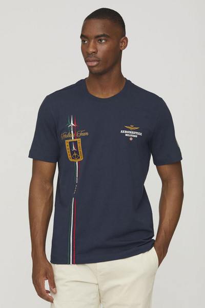 Marineblaues Kurzarm-T-Shirt aus Baumwolle