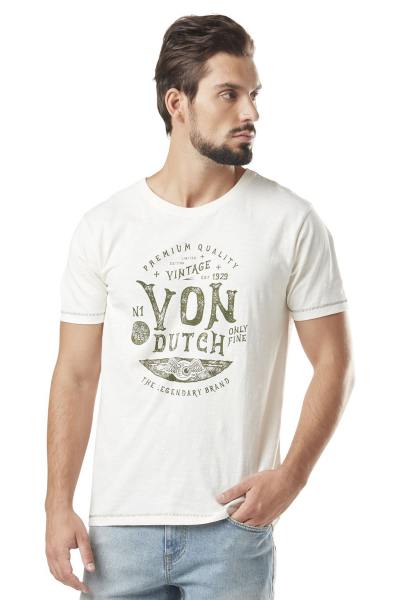 Weißes Baumwoll-T-Shirt mit Khaki-Print