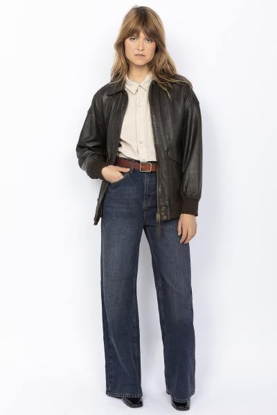 Blouson aviateur oversize en cuir marron