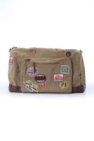 Textile Reisetasche mit taupefarbenen und braunen Aufnähern