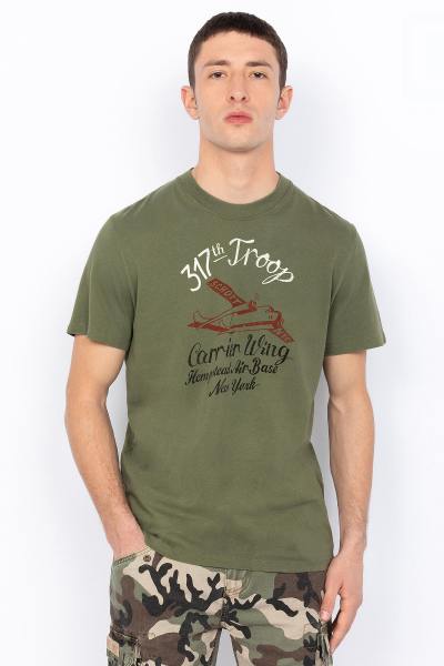 T-shirt en coton bio kaki imprimé militaire