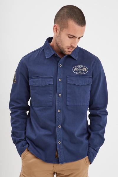 Overshirt in cotone denim blu cinese con toppe