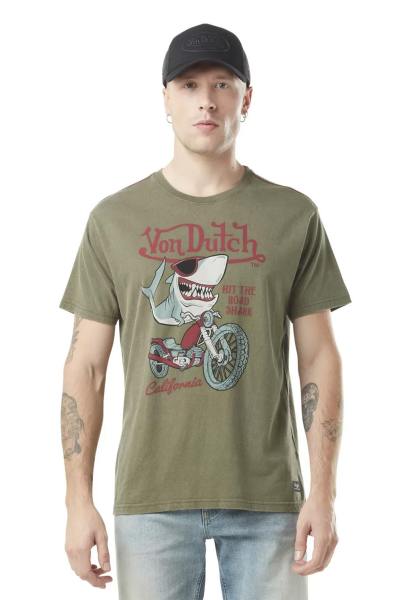 Khakifarbenes Baumwoll-T-Shirt mit Hai-Print