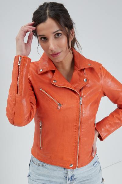 Orangefarbene Lederjacke im Perf-Stil für Damen