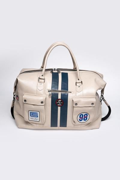 Bolso de viaje grande de piel estilo racing color crudo