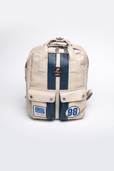 Ecrufarbener Lederrucksack im Racing-Stil