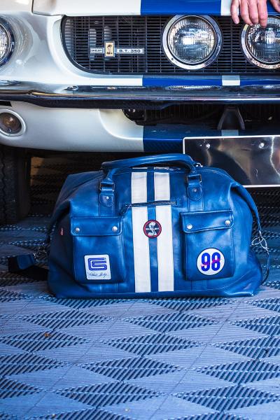 Grand sac de voyage en cuir style racing bleu royal