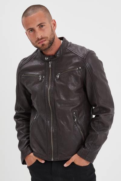 Blouson en cuir col motard marron foncé