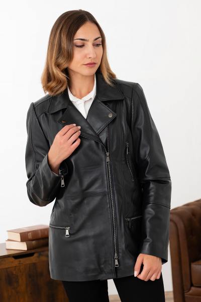 Veste mi-longue en cuir col asymétrique marine