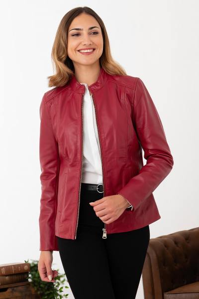 Blouson en cuir col mao rouge