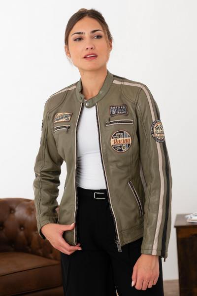 Flechtengrüne Rennlederjacke für Damen