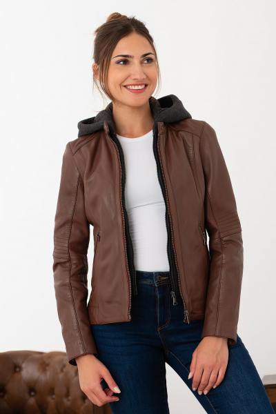 Cognacfarbene Lederjacke mit Bikerkragen und abnehmbarer Kapuze