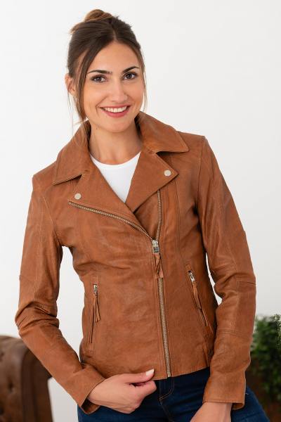 Blouson en cuir col asymétrique couleur tan au tannage végétal