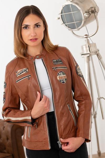 Blouson en cuir racing cognac avec patchs