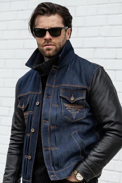 Blouson retro en denim et en cuir de vachette