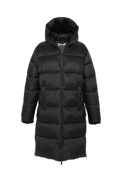 Lange schwarze Daunenjacke aus recyceltem Nylon