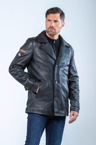 Veste mi-longue col chemise en cuir noir