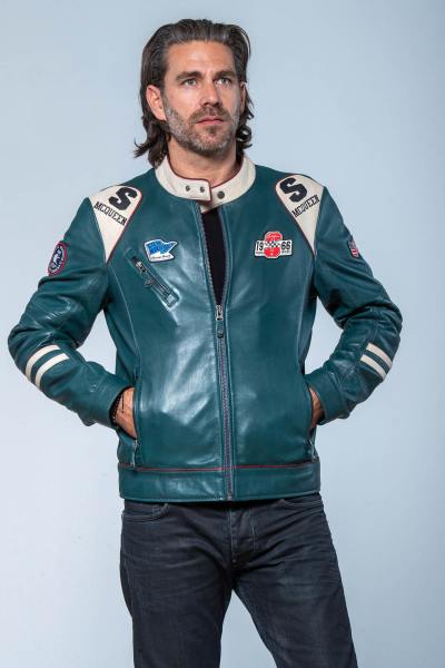 Blouson Steve McQueen 1970 racing bleu pétrole