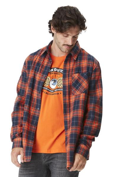 Chemise à carreaux orange et bleue en flanelle avec broderie dos