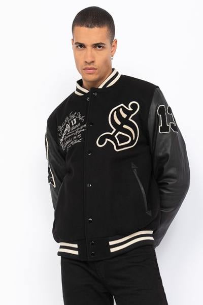 Teddy Varsity in pelle nera ricamata