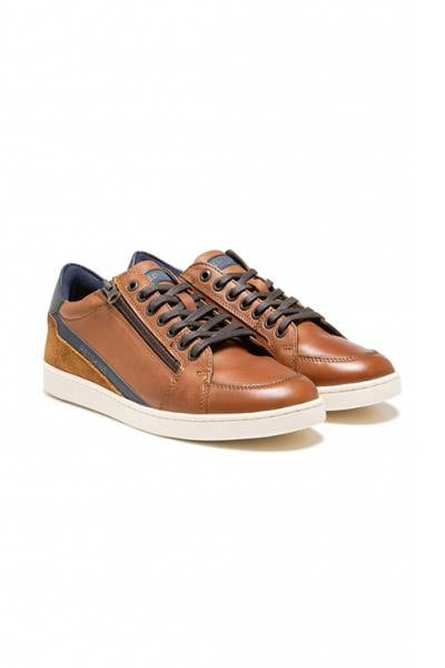 Sneaker stringate in pelle color cognac e blu scuro