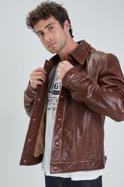 Blouson en cuir marron robuste au tannage végétal