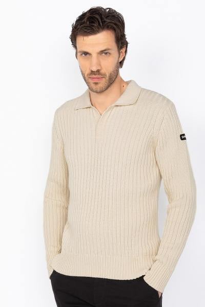 Maglione collo polo a costine ecrù