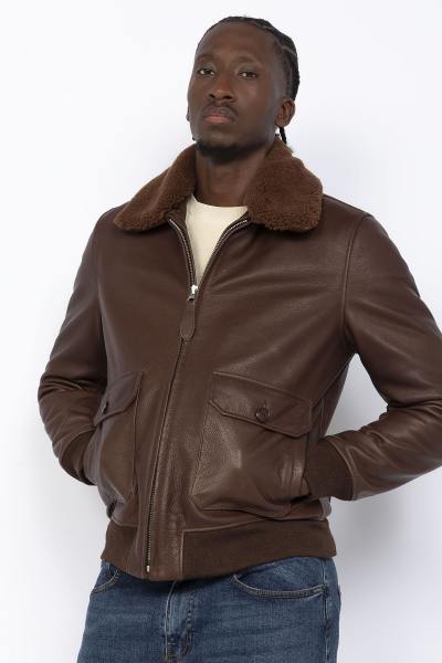 Blouson aviateur en cuir de vachette marron