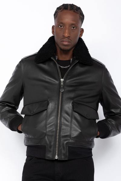 Blouson pilote en cuir noir