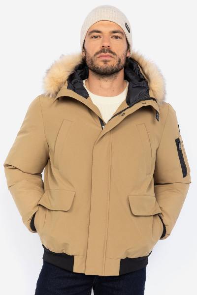 Parka courte beige foncé avec capuche à fourrure amovible