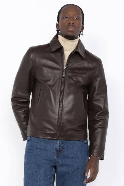 Blouson en cuir col chemise marron foncé