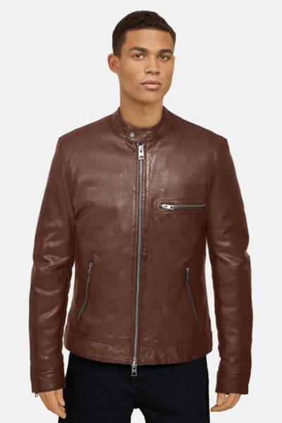 Blouson en cuir col motard couleur tan