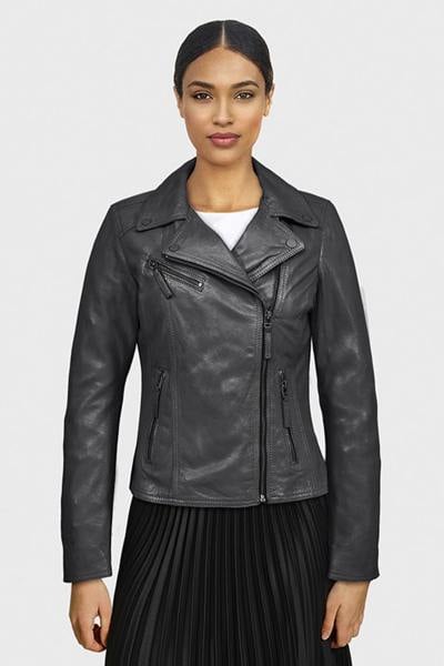 Blouson en cuir noir col asymétrique