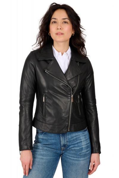 Schwarze Lederjacke mit asymmetrischem Kragen