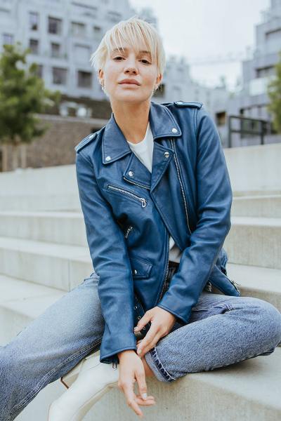 Perfecto en cuir bleu pour femme