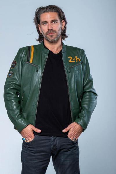 Chaqueta de carreras de cuero verde 24h Le Mans