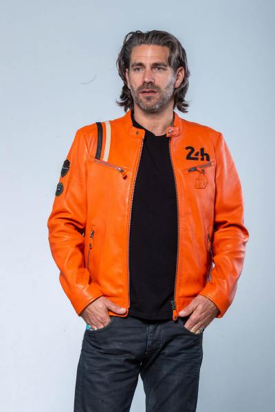 Chaqueta de carreras de cuero naranja 24h Le Mans