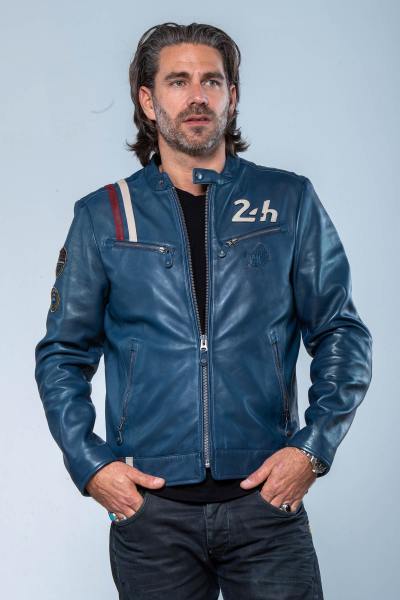 Blouson racing en cuir bleu royal 24h Le Mans