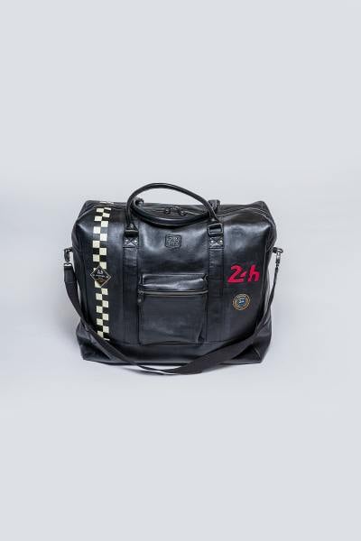 Grand sac de voyage en cuir noir avec bande Racing