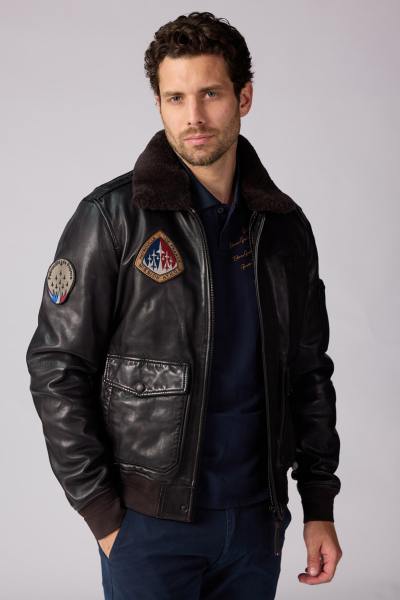 Blouson aviateur en cuir avec patchs Patrouille de France