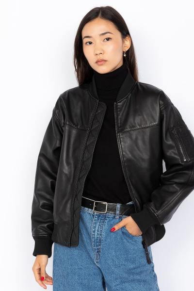 Blouson bomber en cuir noir coupe ample