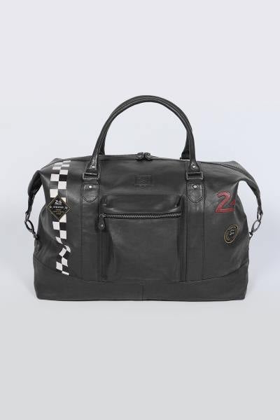 Grand sac de voyage en cuir noir avec bande Racing