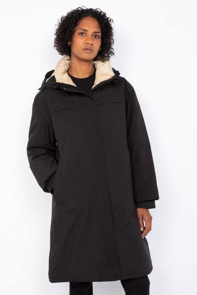 Parka lungo nero con cappuccio e coulisse in vita