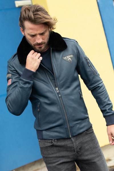 Blouson McQueen en cuir véritable bleu