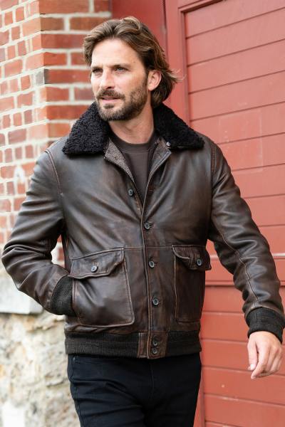 Blouson aviateur en cuir chic marron foncé