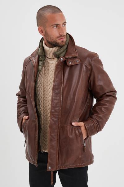 Veste en cuir col montant  couleur bison avec parmenture amovible