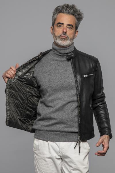 Blouson en cuir col motard réversible avec doublure matelassée