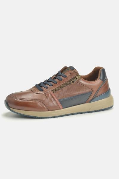 Sneakers in pelle cognac e navy con lacci e zip laterale