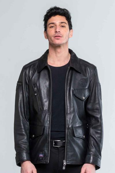 Veste en cuir col chemise noir